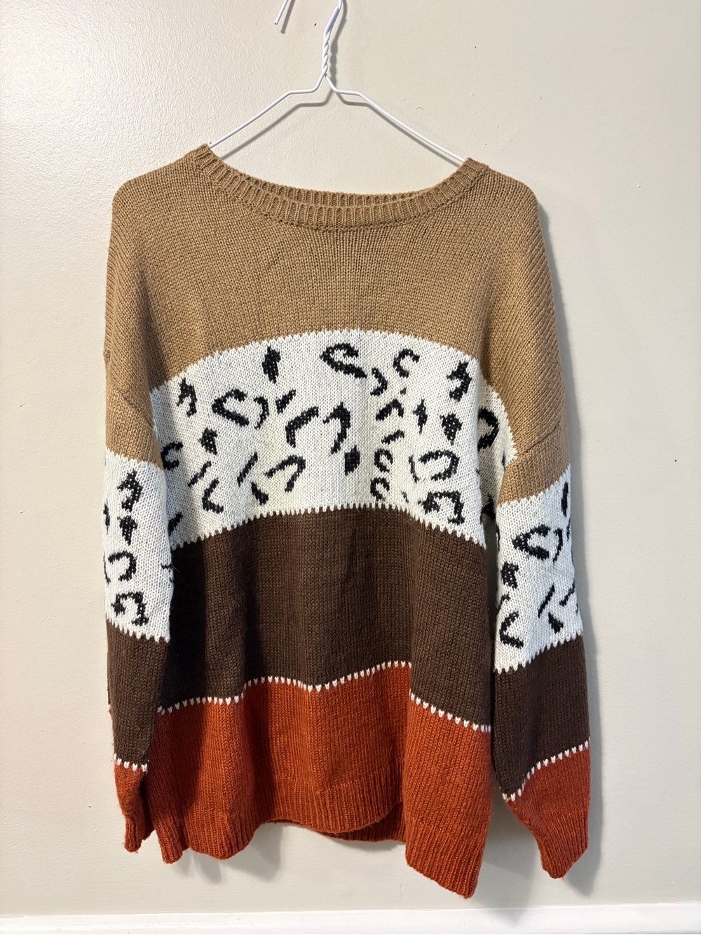 Leopard-Block Crewneck Sweater in Brown, Tan & White